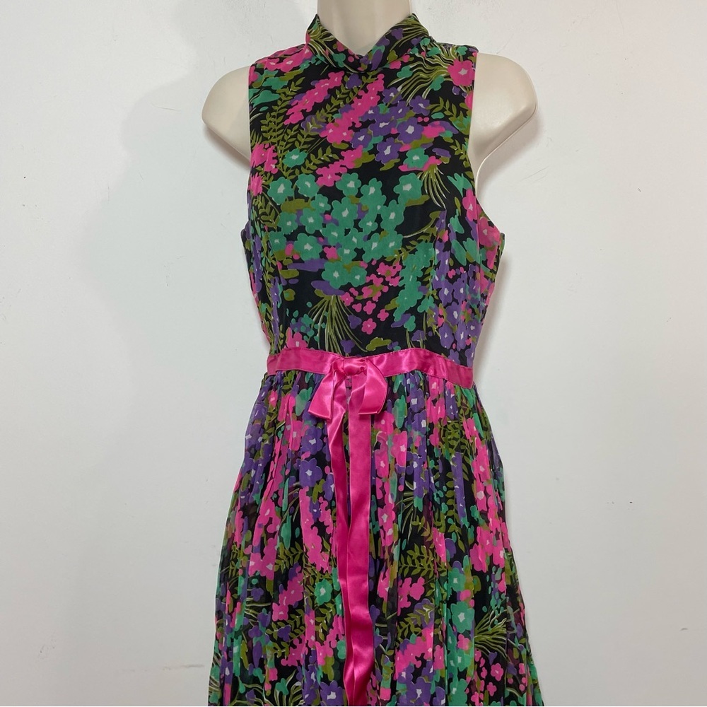 Vintage 60s Jumpsuit Dark Floral Wide Leg Cocktail Evening Size S/XS Sleeveless - Picture 2 of 10